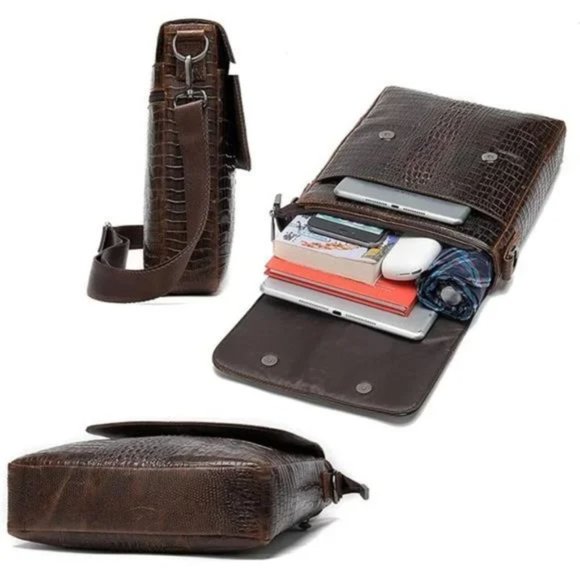 NEW LEATHER Messenger Sling Crossbody Shoulder Bag for Men Brown-3 - Picture 4 of 7